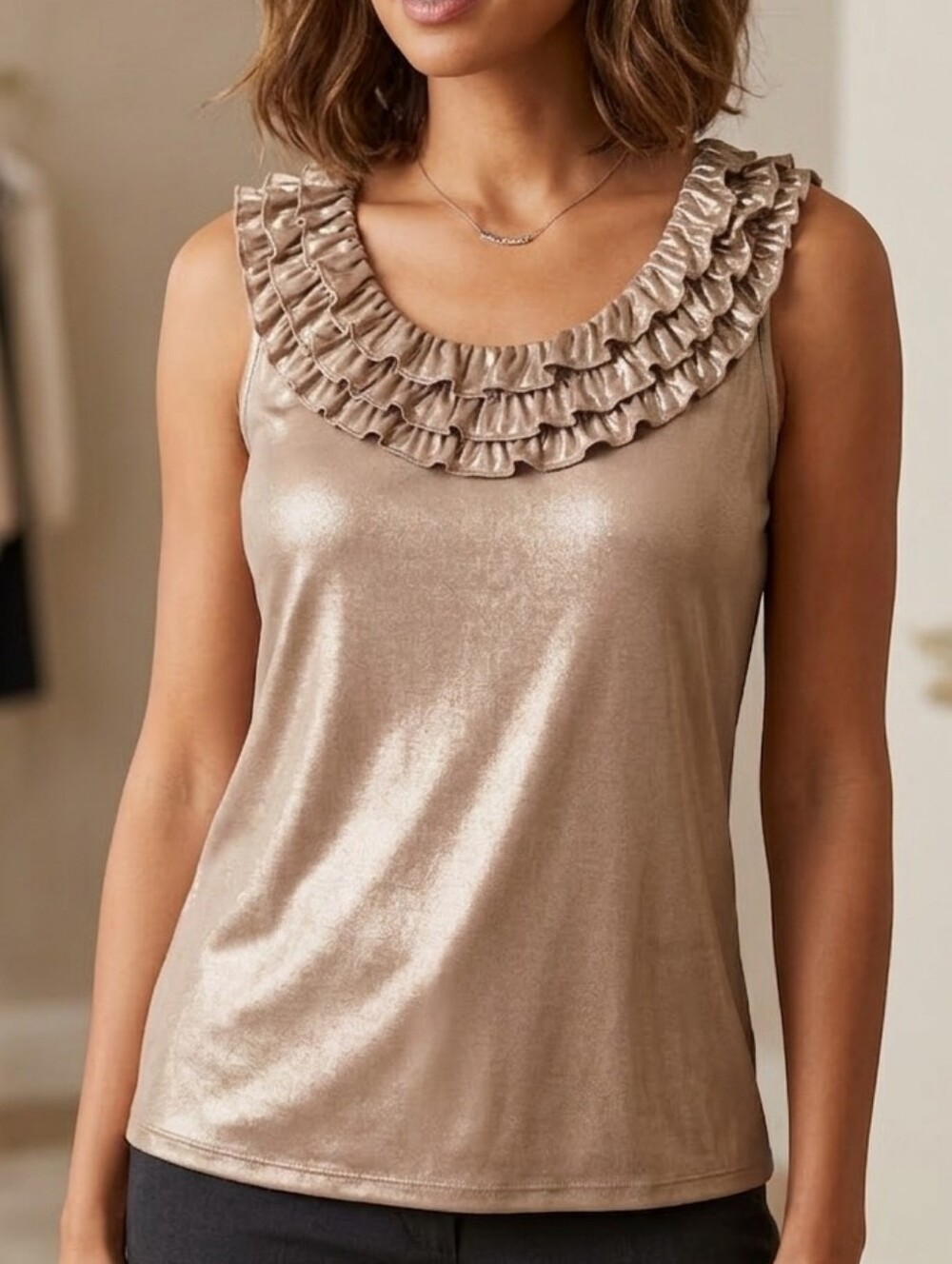 ​NY&Co Metallic Bronze Shimmer Ruffle Neck Tank XL